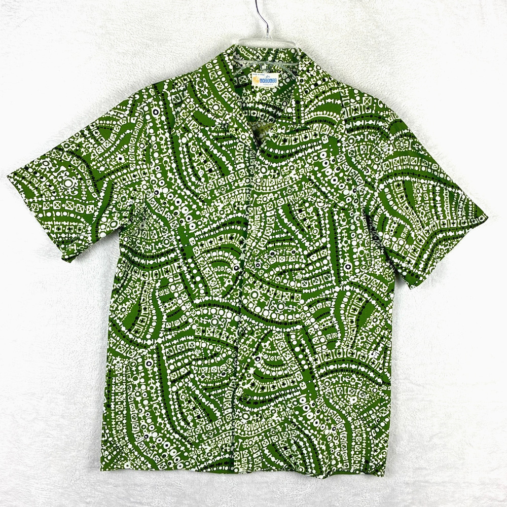 VTG Andrade Hawaiian Shirt Mens M Green Loop Collar Tiki Tribal Aloha 70s USA